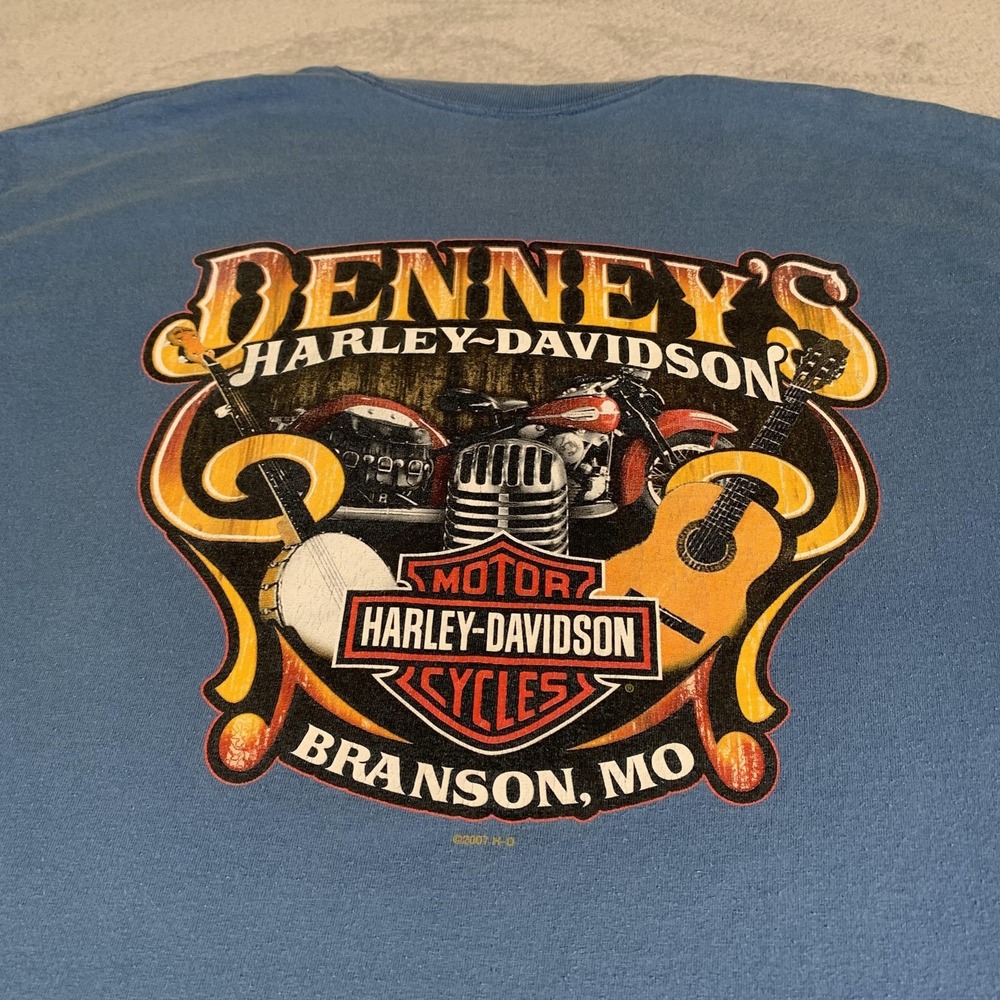 Harley Davidson Shirt Mens XL Blue Denney's Branson Missouri Pocket Graphic FLAW